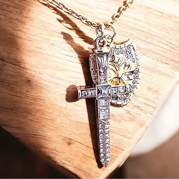 Sparkling Gold Toned Cross Sword Necklace with Shield DND Paladin - Picture 9 of 17